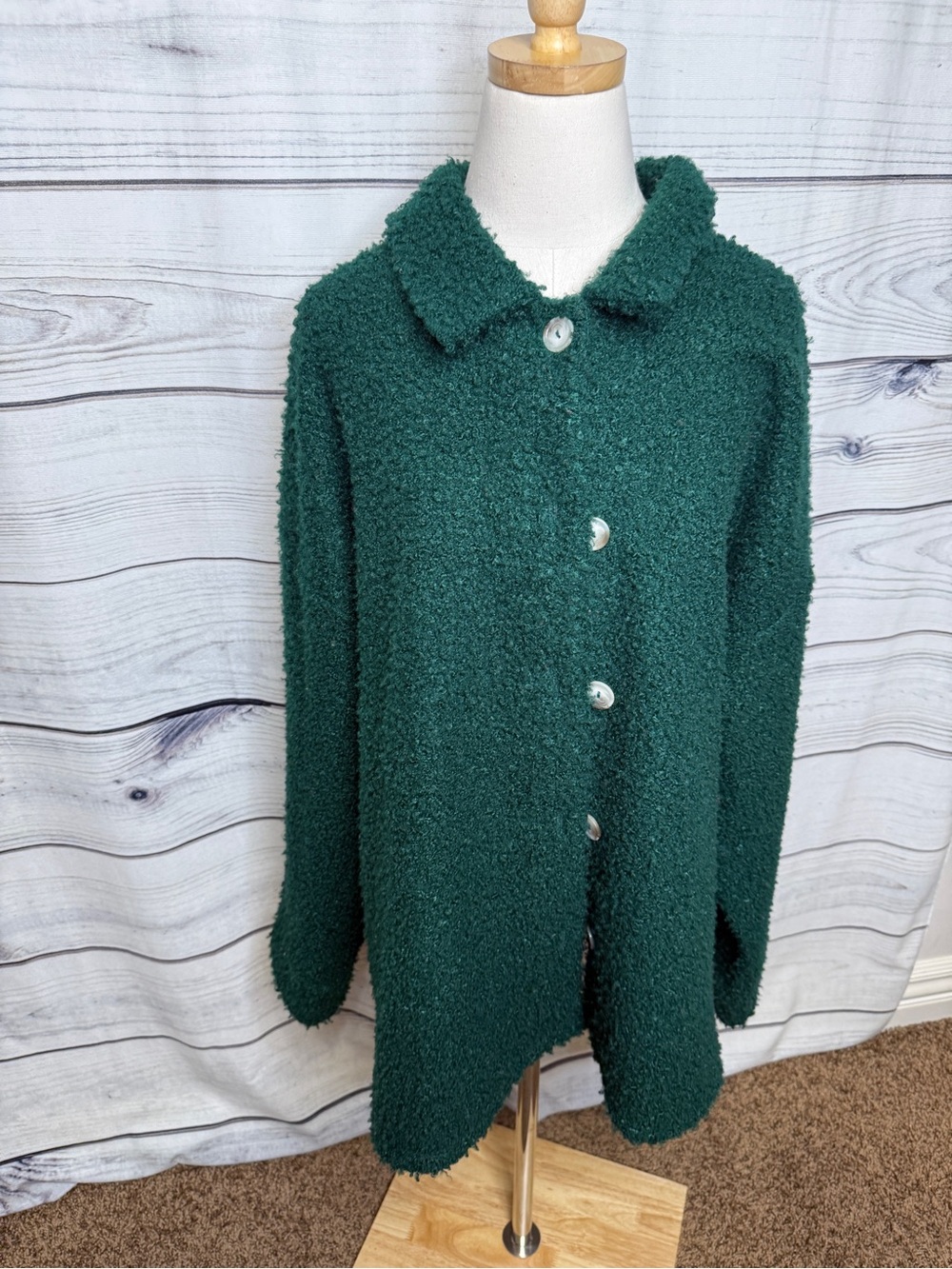 Women's Deep Green Teddy Button-Front Jacket